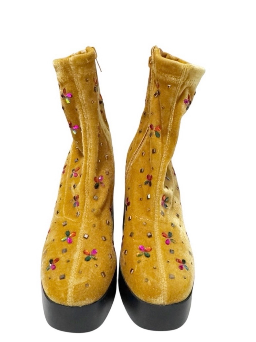 Embellished Mustard Velvet Platform Ankle Boots - Women's